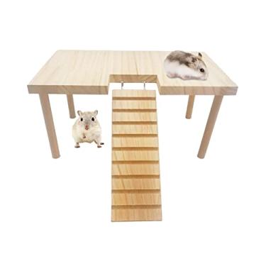 Imagem de BNOSDM Plataforma de madeira de brinquedo para hamster com escada, plataforma de animais pequenos, plataforma de hamster de madeira natural para hamsters sírios, porquinhos-da-índia, gerbos, chinchilas e camundongos