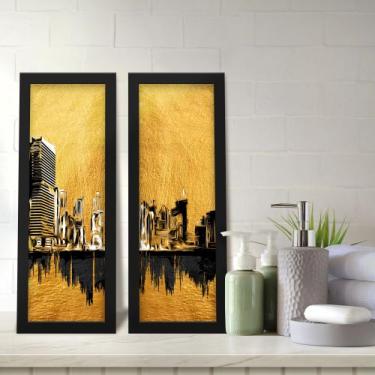 Imagem de Kit 2 Quadros Decorativos Lavabo Cidade Dourado e Preto Moderno Elegan