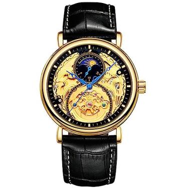 Imagem de CARLIEN Relógio masculino automático, dourado, turbilhão, esqueleto, fase da lua, impermeável, aço inoxidável, Couro preto, 44mm, Relógio esqueleto