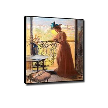 Imagem de JZSDGB Quadro preto - impressões em tela arte de parede famosa reprodução de pintura - "Lady on the Balconyby Albert Edelfelt Impressão em tela giclée e pôsteres-arte de parede em tela imagens de