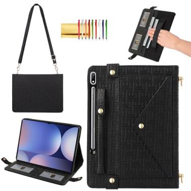 Imagem de Capa de mão para Samsung Galaxy Tab S10+/S9 FE+/S9+Plus de 12,5 polegadas, capa carteira Techcircle elegante com suporte para lápis, compartimentos para cartões, alça de mão, alça de ombro, preta