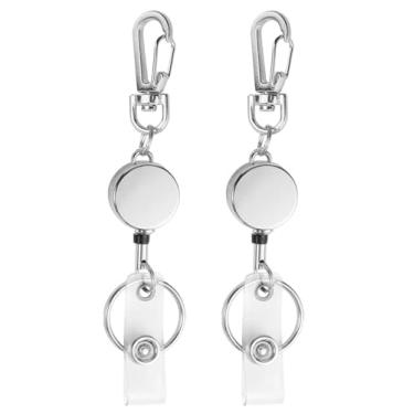 Imagem de 2 carretéis retráteis de crachá para porta-cartões de identificação. Carretel de crachá de metal com chaveiro, clipe transparente para crachá e fecho giratório. (prata)
