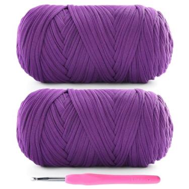 Imagem de Lpalats Pacote com 2 fios de camiseta para crochê - 800 g/200 m fio de camiseta de tecido elástico com 1 agulha de crochê (violeta)