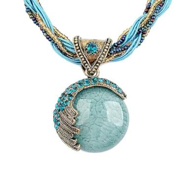 Imagem de Harlorki Colar feminino feito à mão retrô, vintage, estilo boêmio, corrente de corda torcida, turquesa, strass, colar com pingente, joias modernas, Large, Metal, Sem Pedra Preciosa