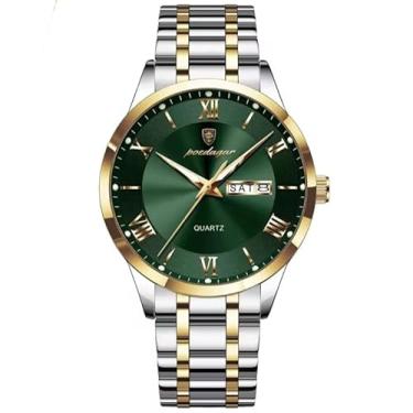 Imagem de Relógio de Pulso Masculino, Modelo 978, Mostrador Verde, Pulseira Bicolor em Aço Inoxidável, 40-44mm, Prova D'água 3ATM