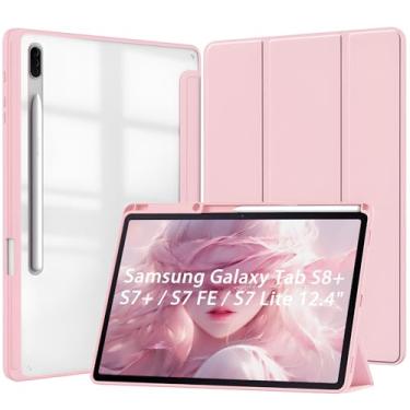 Imagem de Capa para Samsung Galaxy Tab S8 Plus e S7 Plus e S7 FE e s7 Lite 12.4" Capinha Protetora Fina Capa Traseira Transparente com Suporte para Lápis Anti-Impacto Auto Sleep Tampa Magnética - Rosa