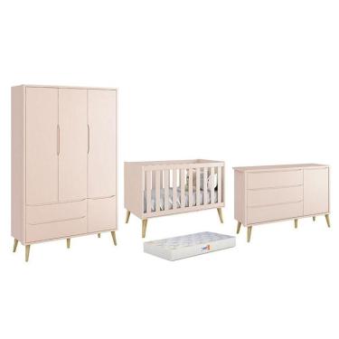 Imagem de Dormitório Theo 3 Portas Rosa Com Pés Madeira Natural E Colchão D18 Branco - Reller Móv...