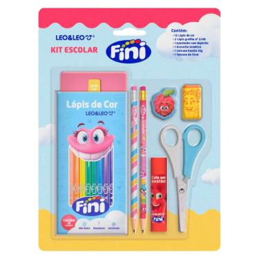 Imagem de Kit Escolar Fini 12 Lápis de Cor + Lápis Grafite Estampado + Apontador + Borracha + Cola + Tesoura - Leo&Leo