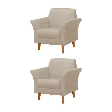 Imagem de Kit 2 Poltronas Retrô Pés em Madeira Maciça Jamaica Linho Capuccino