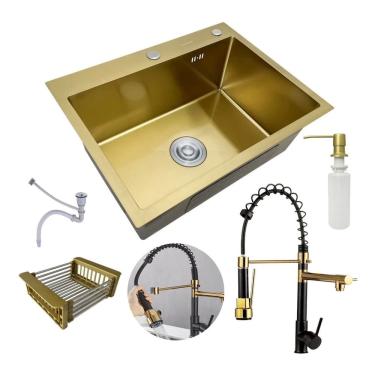 Imagem de Kit Cuba Pia Aço Inox Quadrada Cozinha E Torneira Flexivel Cor Dourada Brinovar