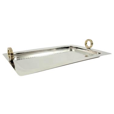 Imagem de Bandeja Decorativa Inox Prata Com Alça Dourada 43X28Cm