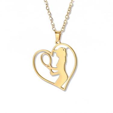 Imagem de xdlhghe Colares de coração de tênis femininos modernos personalizados com pingente de raquete de tênis, colar fofo com pingente ocidental delicado, minimalista, joia de amizade simples, Latão, Sem