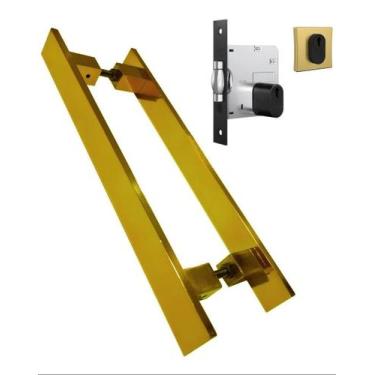 Imagem de Puxador Porta Pivotante Inox Dourado Reto + Fechadura 40 Cm - Bruno Ac