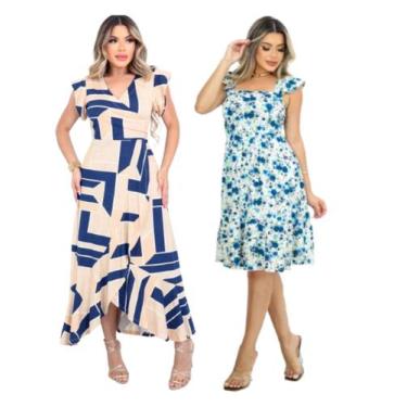 Imagem de Kit 2 Vestido Feminino Longo/Midi Manga Evasê Babado Barra Malha Visco