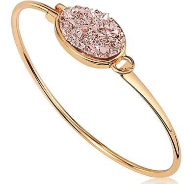Imagem de Bracelete Feminino Simulado com Estampa de Droga Humble Chic – Bracelete Bóho com Glitter Simples e Fio Fino em Tons Dourados – Pedra Geódio Brilhante Boêmia
