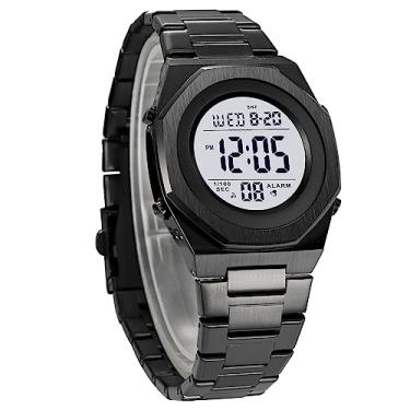 Imagem de zolohoni Relógio masculino digital de aço inoxidável, relógio masculino hexagonal, à prova d'água, com alarme, data e luz, Preto e branco, Digital, movimento de quartzo