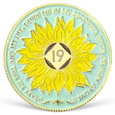 Imagem de Girassol Medalhão NA 19 Anos NA Moeda de Sobriedade AA com Serenidade Oração NA Recuperação Chip Comemorando Vida Limpa e Sóbria 1-20 Anos Narcóticos Presentes Anônimos para Mulheres Homens