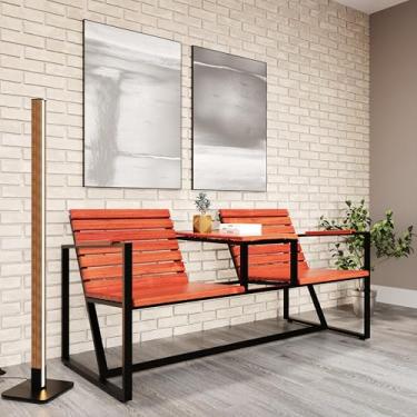 Imagem de Poltrona 2 Lugares com Mesa de Apoio Jordãnia - Banco Duplo em Madeira e Aço para Jardim, Varanda, Sacada ou Área Gourmet