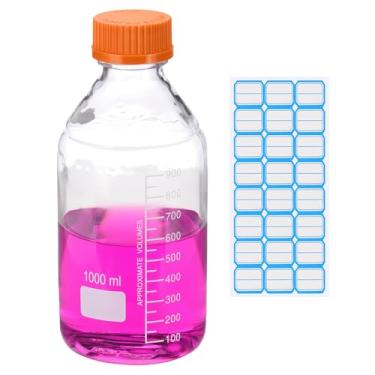 Imagem de PATIKIL Garrafas redondas de armazenamento de mídia, garrafas redondas graduadas de vidro espesso de 1000 ml com tampa laranja GL45 para líquidos reagentes de água de laboratório, transparentes