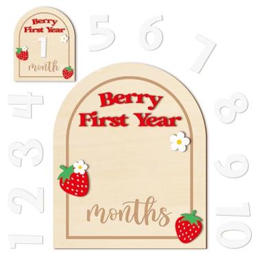Imagem de R HORSE Cartões de marco mensal para bebês, discos de marcos mensais de madeira de morango 3D com cartões de número, anúncio de sinais de meses recém-nascidos para fotos de chá de bebê, presentes para