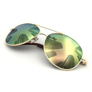 Imagem de J+S Óculos de sol aviador clássico estilo militar premium, polarizado, 100% de proteção UV (armação média - armação dourada/lente espelhada rosa prata)