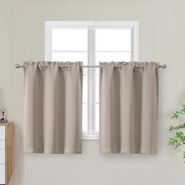 Imagem de OWENIE Cortinas de cozinha de pedra de 76 cm de comprimento, pequenas cortinas blecaute curtas com isolamento térmico camada sobre a pia, bolso para varão, meia janela para banheiro, quarto