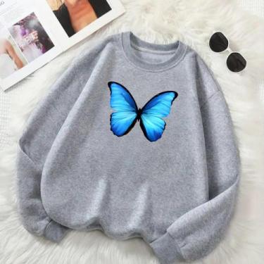 Imagem de Blusa de Frio Feminina GOLA CARECA Estamp Borboleta Azul Delicada Look