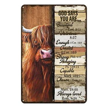 Imagem de Aenaon Placa De Lata Metal Highland Cow Com Citação Motivacional Deus Diz Que Você É, Decoração Rústica Vintage, Caverna, Cafeteria, Bar, Quarto, Parede Casa, 30 Cm X 20