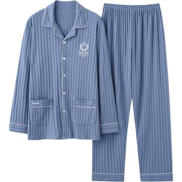 Imagem de Pijama masculino define algodão de manga comprida, manga comprida, tecido de tecido de botão com roupão de banho e calça superior de 3, azul claro 2, xxl