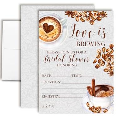 Imagem de Convites para chá de panela Love Is Brewing Coffee - 20 cartões de preenchimento aconchegantes 12 x 18 cm com envelopes - Convites de chá de casamento com tema de café rústico por AmandaCreation