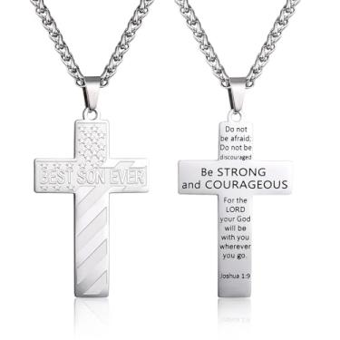 Imagem de EPIRORA Colar de cruz presentes para filho - joia com pingente de bandeira americana e versículo da Bíblia gravada em aço inoxidável de 45,7 cm + 5 cm, presente religioso cristão para adolescentes