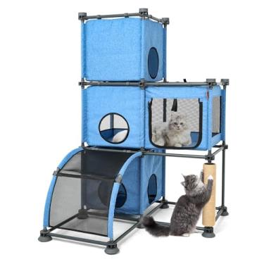 Imagem de Árvore grande para gatos de 3 camadas com poste para arranhar, escada – casa de torre para gatos de vários níveis para uso interno/externo, móveis duráveis para escalada para gatos e gatos adultos