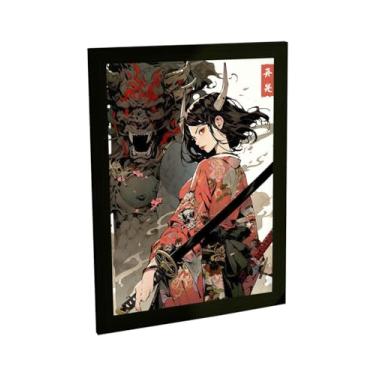 Imagem de Quadro Decorativo Anime Garota Samurai Ilustração Oni Kanji Decoração Poster Quarto Sala