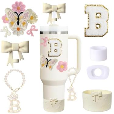 Imagem de Conjunto de acessórios de copo Stanley branco de 13 peças para copo de 850 g 1,134 g com alça, incluindo pingente de alça, adesivo inicial personalizado, topo de palha, bota de silicone, tampa à prova