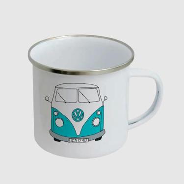 Imagem de Caneca de Inox Esmaltada Branca Premium - KOMBI AZUL DESENHO