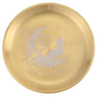 Imagem de CREATCABIN Prato de ritual, lua, gato, altar, tigela plana de aço inoxidável, bandeja redonda dourada, tigela de oração, suporte de vela, prato de joias para borrar incenso, meditação, tarô, 14 cm