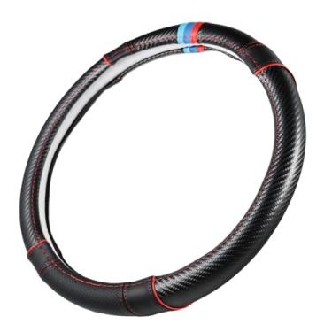Imagem de Fibra de carbono + capa de volante de couro preto Crip Grb com acabamento circular esportivo, antiderrapante e absorvente de suor, ajuste universal para todos os volantes de 38 cm a 38 cm