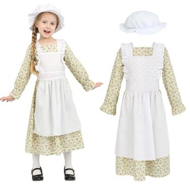 Imagem de Wizland Vestido de pradaria para meninas, fantasia de pioneira, manga comprida, vestido colonial com avental e gorro verde 3-4