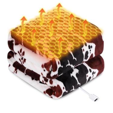 Imagem de Cobertor aquecido alimentado por USB tipo C para mulheres, 127 x 152 cm, 9 V, 18 W, cobertor elétrico portátil com estampa de vaca com 3 configurações de calor, cobertores de aquecimento de grafeno de