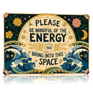 Imagem de ASTRDECOR Placas De Lata Vintage, Decoração Parede Retrô Em Metal - Esteja Atento À Energia Que Você Traz Para Este Espaço, Positivo Cafés Ioga Casa, Placa Espiritual Com Estética Boho 8 X 12 Pol.