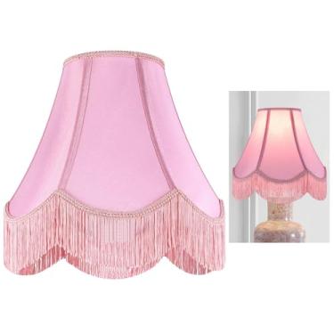 Imagem de Conjunto de 1 abajur de sino de tecido de seda rosa, persiana recortada vitoriana com acabamento de franja 15 x 33 x 27 cm (aranha), persianas de substituição para mesa, luminárias de chão, decoração