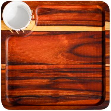 Imagem de Gamela Petisqueira de Madeira Nobre Marítima Teca com Ramekim de Polietileno Não Quebra Tabua Frios Queijos Petiscos Quadrada