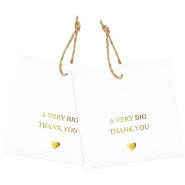 Imagem de joycraft Etiquetas de presente A Very Big Thank You, 50 peças de etiquetas douradas de agradecimento com cordão, etiquetas de presente de papel de 8,4 x 5,3 cm, etiquetas brancas de lembrancinha de