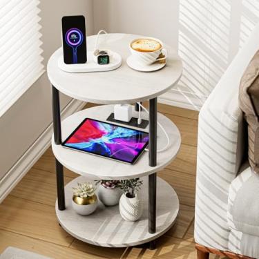Imagem de XBurmo Mesa de canto redonda pequena – mesa de destaque com design de 3 camadas, suporte lateral estreito ou de cabeceira, mesa vintage industrial para espaços pequenos, portas USB e tomada embutidas