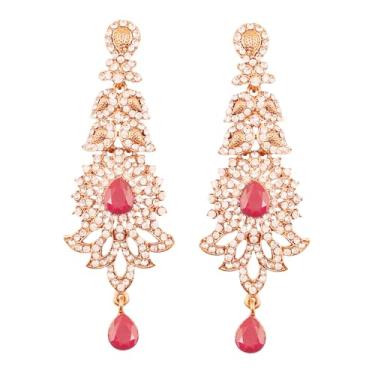 Imagem de Brincos de noivado femininos com design de strass paisley indiano Bollywood Touchstone em tom dourado antigo 3.50 inches Vermelho