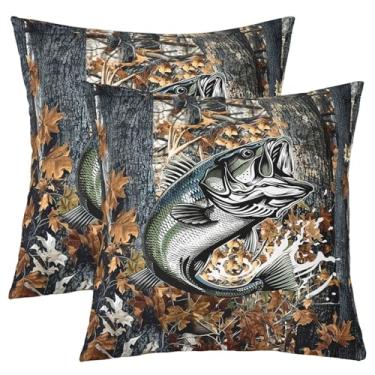 Imagem de Feelyou Capas de almofada de peixe 45,7 cm x 45,7 cm Conjunto de 2 fronhas decorativas camufladas macias de caça de peixe para sofá, vida marinha, capa de almofada, camuflagem, peixe, verde, branco,