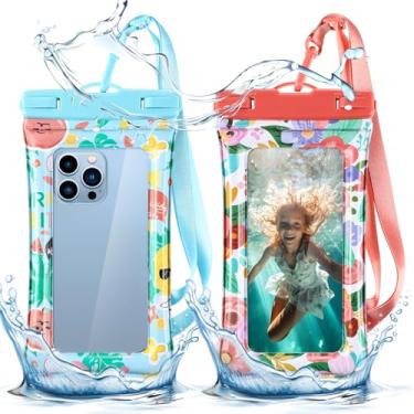 Imagem de AmazingSpark Pacote com 2 bolsas universais à prova d'água, capa para celular flutuante IP68, bolsa seca para celular de 20,8 cm com cordão ajustável para praia, piscina, caiaque, cruzeiro, viagem