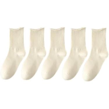 Imagem de Meias Para As Mulheres No Outono E Inverno Novas Meias Pós-parto De Boca Solta Algodão Longo Agulha Dupla Borda Enrolada Meias Femininas, White + cream white + beige + khaki + fruit green, One Size