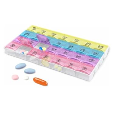 Imagem de Porta Comprimidos Semanal com 4 Divisórias por Dia – Organizador de Remédios Diário para Manhã, Tarde, Noite e Suplente – 28 Compartimentos Coloridos, Ideal para Viagem ou Uso Diário