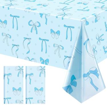 Imagem de Just Shimmer Pacote com 2 toalhas de mesa com laço azul, capas de mesa descartáveis de 137 x 272 cm para aniversários, noivas, chás de bebê e despedidas de solteira – decorações de festa temática